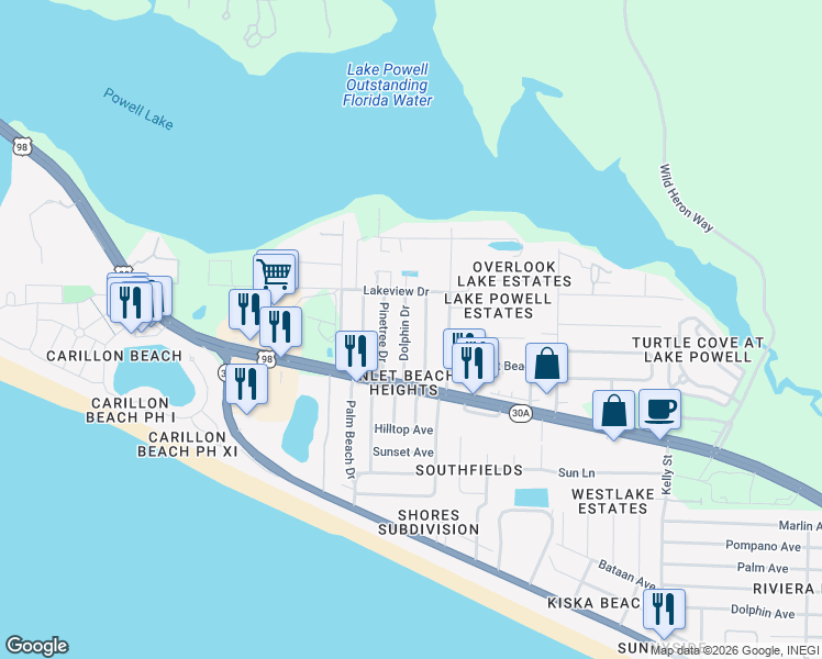 map of restaurants, bars, coffee shops, grocery stores, and more near 522 Dolphin Drive in Panama City Beach