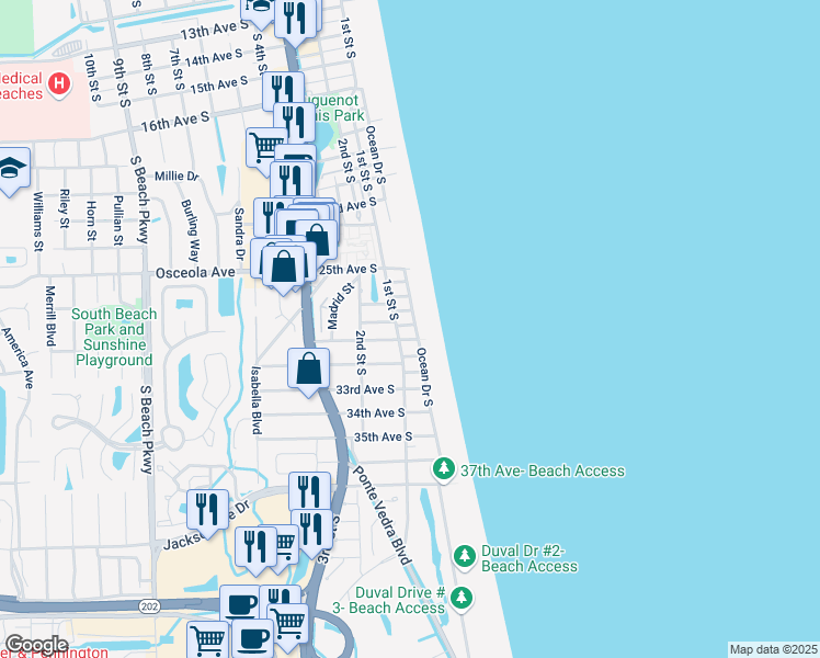 map of restaurants, bars, coffee shops, grocery stores, and more near 2905 Ocean Drive South in Jacksonville Beach
