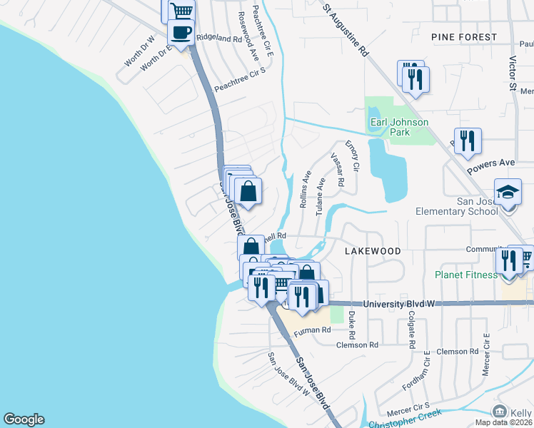 map of restaurants, bars, coffee shops, grocery stores, and more near 1612 Shirl Lane in Jacksonville