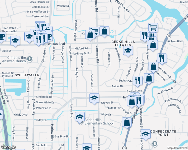 map of restaurants, bars, coffee shops, grocery stores, and more near 3914 Cobalt Avenue East in Jacksonville