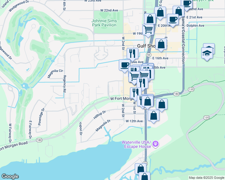 map of restaurants, bars, coffee shops, grocery stores, and more near 320 West Fort Morgan Road in Gulf Shores