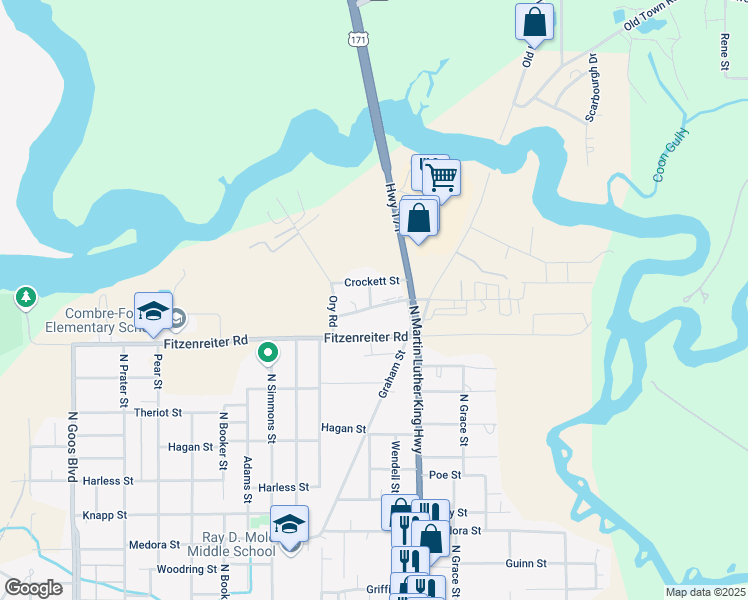 map of restaurants, bars, coffee shops, grocery stores, and more near 2201-2299 N Malcolm St in Lake Charles