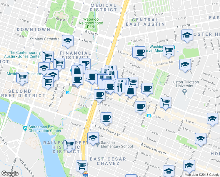 map of restaurants, bars, coffee shops, grocery stores, and more near 910 East 6th Street in Austin