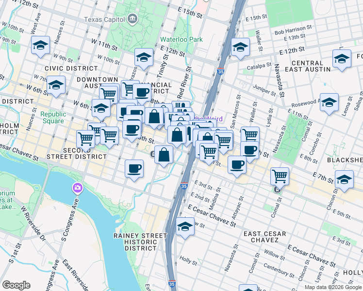 map of restaurants, bars, coffee shops, grocery stores, and more near 500 North Interstate 35 Frontage Road in Austin