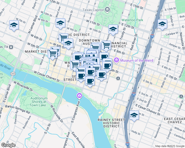 map of restaurants, bars, coffee shops, grocery stores, and more near in Austin