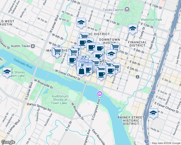 map of restaurants, bars, coffee shops, grocery stores, and more near 320 West 2nd Street in Austin
