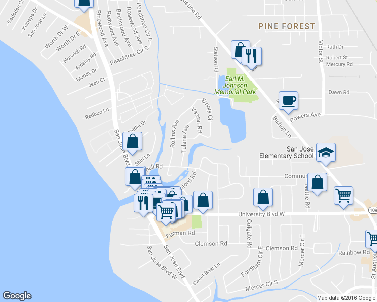 map of restaurants, bars, coffee shops, grocery stores, and more near 5339 Tulane Avenue in Jacksonville