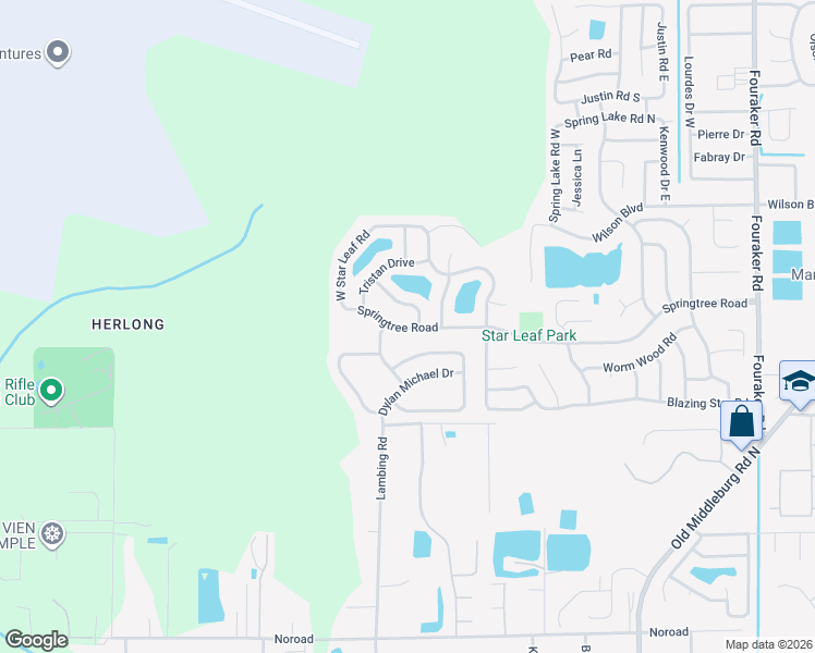map of restaurants, bars, coffee shops, grocery stores, and more near 8633 Springtree Road in Jacksonville