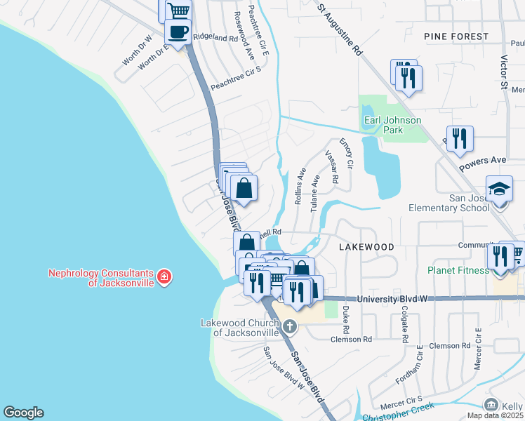 map of restaurants, bars, coffee shops, grocery stores, and more near 1612 Shirl Lane in Jacksonville