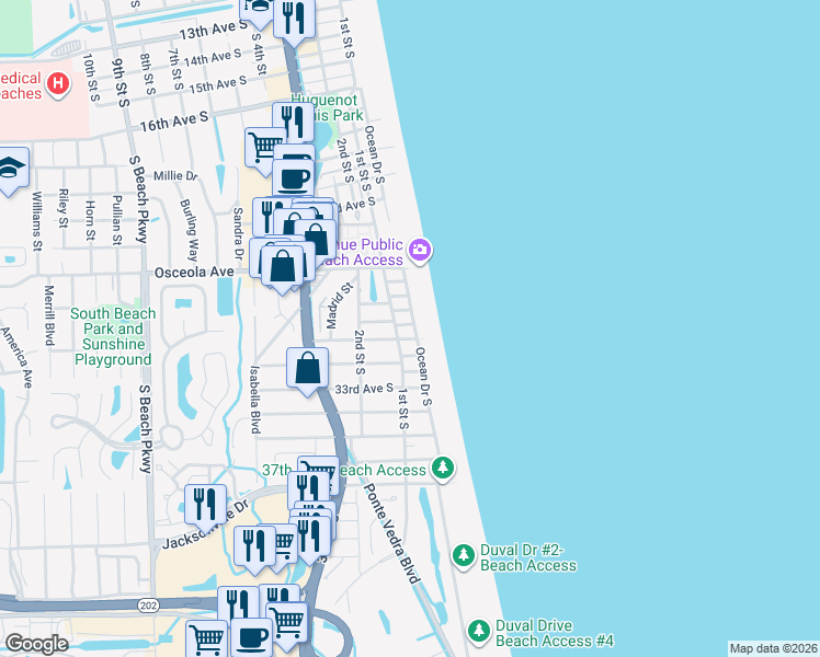 map of restaurants, bars, coffee shops, grocery stores, and more near 2905 Ocean Drive South in Jacksonville Beach