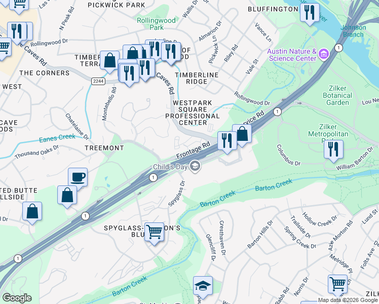 map of restaurants, bars, coffee shops, grocery stores, and more near 2001 Mo-Pac Circle in Austin