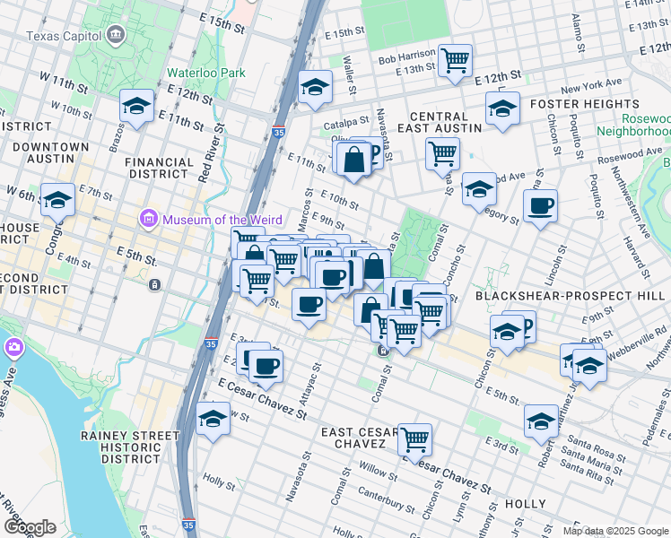 map of restaurants, bars, coffee shops, grocery stores, and more near 1204 East 7th Street in Austin