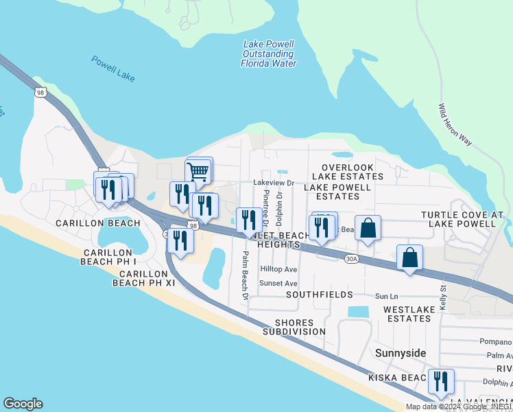 map of restaurants, bars, coffee shops, grocery stores, and more near 516 Palm Beach Drive in Panama City Beach
