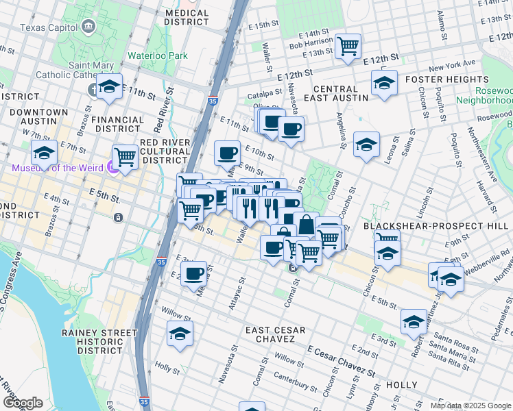 map of restaurants, bars, coffee shops, grocery stores, and more near 1208 East 7th Street in Austin