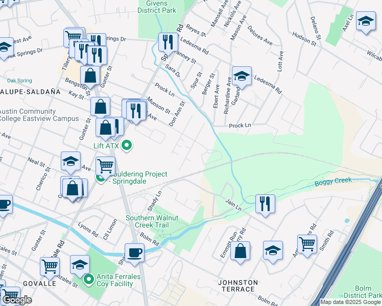 map of restaurants, bars, coffee shops, grocery stores, and more near 1125 Brookswood Avenue in Austin