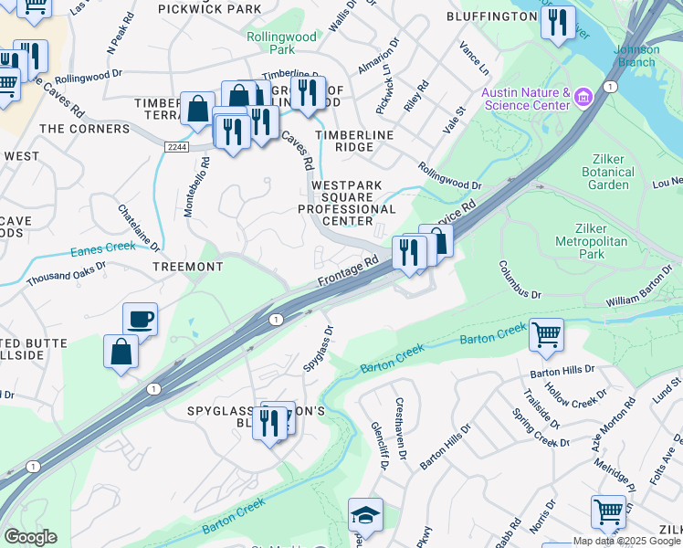 map of restaurants, bars, coffee shops, grocery stores, and more near 1148 Frontage Road in Austin