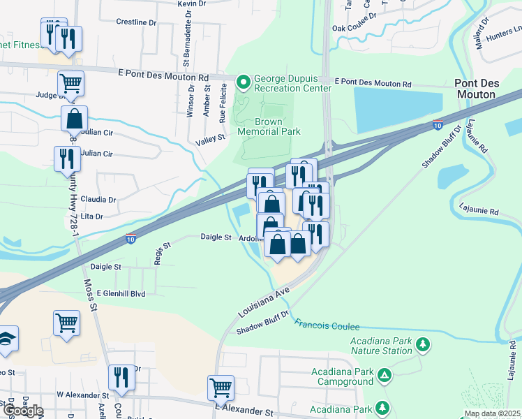 map of restaurants, bars, coffee shops, grocery stores, and more near 3225 Louisiana Avenue in Lafayette