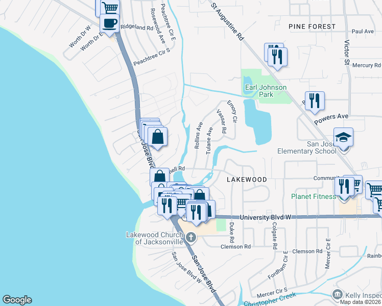 map of restaurants, bars, coffee shops, grocery stores, and more near 5342 Rollins Avenue in Jacksonville