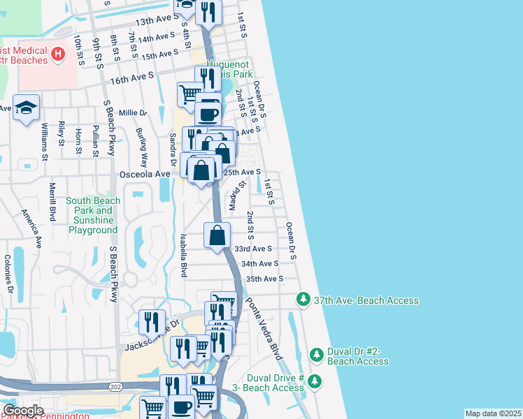 map of restaurants, bars, coffee shops, grocery stores, and more near 120 29th Avenue South in Jacksonville Beach