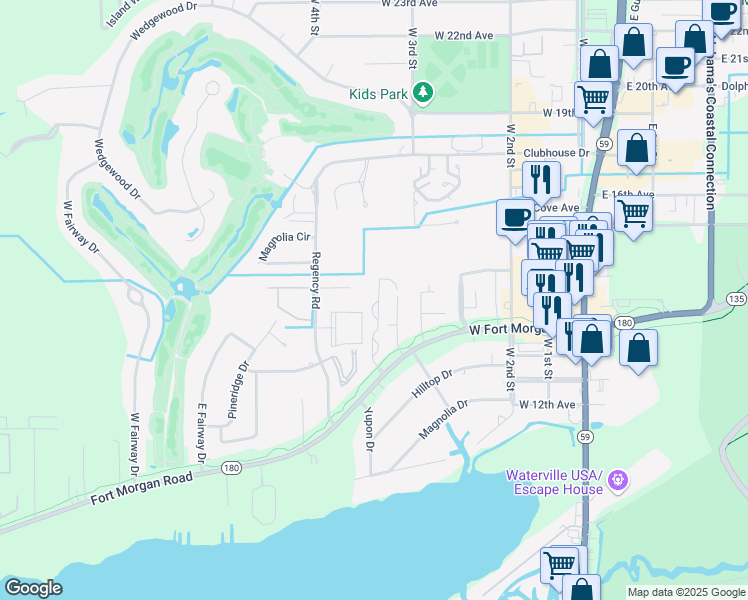 map of restaurants, bars, coffee shops, grocery stores, and more near 704 The Ridge in Gulf Shores