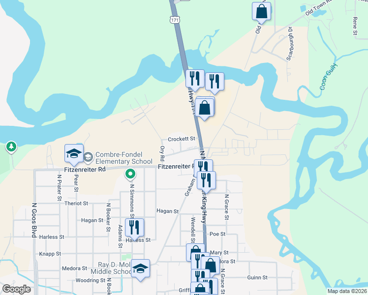 map of restaurants, bars, coffee shops, grocery stores, and more near 2501 Conoco Street in Lake Charles