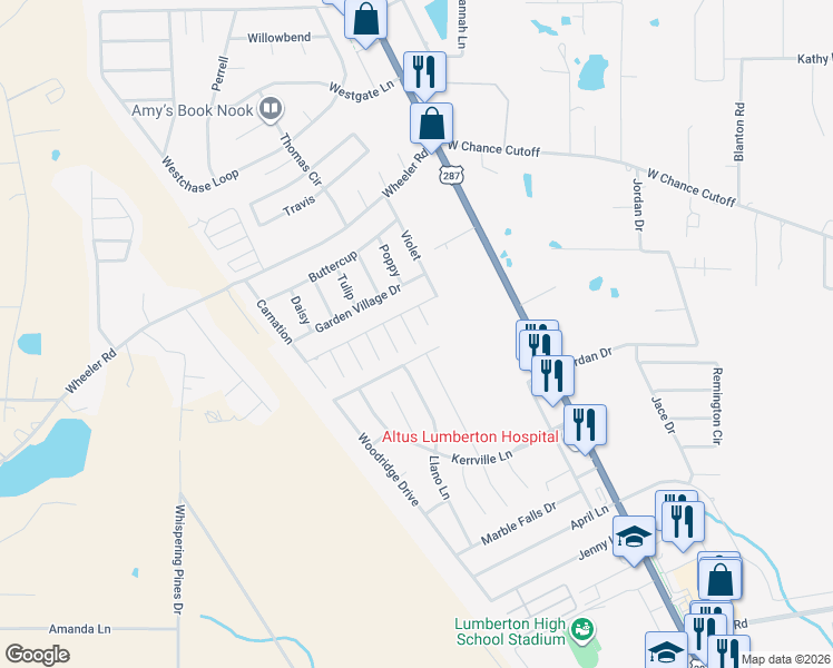 map of restaurants, bars, coffee shops, grocery stores, and more near 6675 Daylily in Lumberton