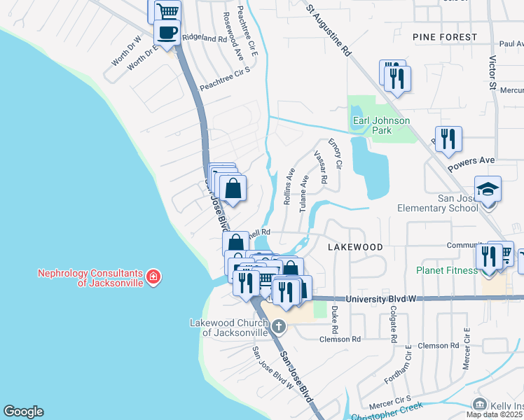 map of restaurants, bars, coffee shops, grocery stores, and more near 1612 Shirl Lane in Jacksonville