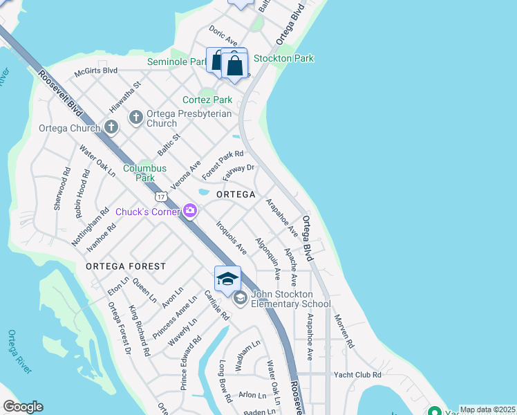 map of restaurants, bars, coffee shops, grocery stores, and more near 4607 Apache Avenue in Jacksonville