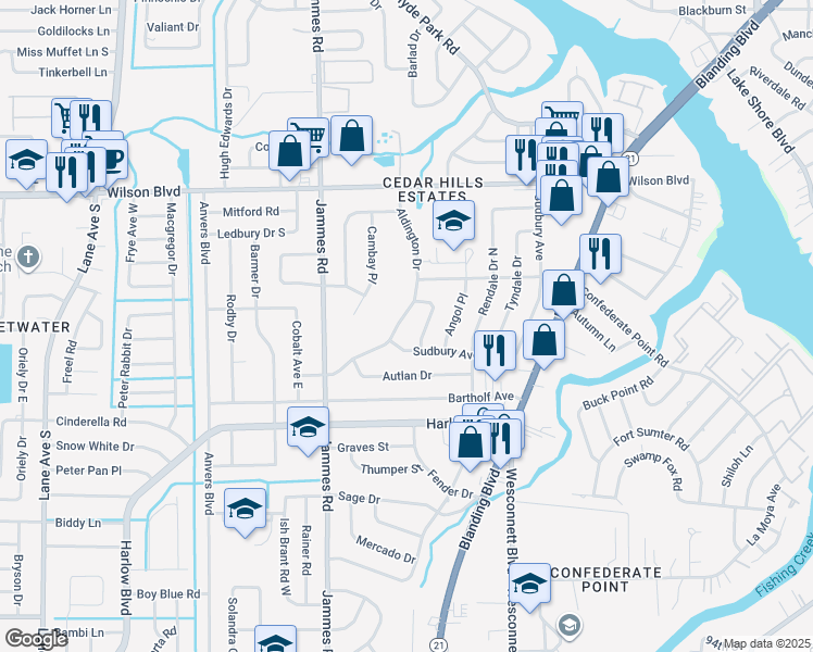 map of restaurants, bars, coffee shops, grocery stores, and more near 4017 Aldington Drive in Jacksonville
