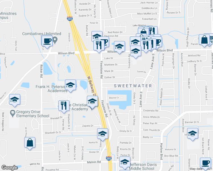 map of restaurants, bars, coffee shops, grocery stores, and more near 7183 Prellie Street in Jacksonville