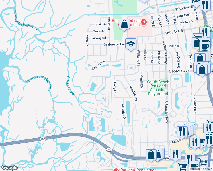 map of restaurants, bars, coffee shops, grocery stores, and more near 1477 Blue Heron Lane North in Jacksonville Beach