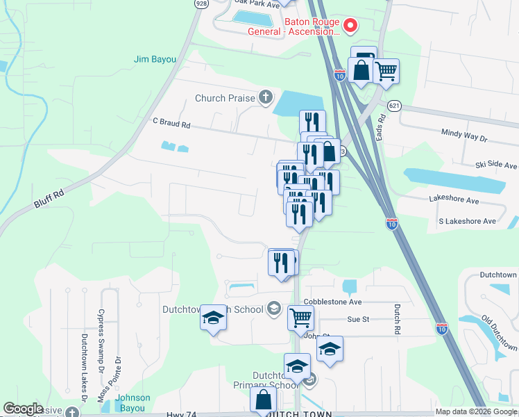 map of restaurants, bars, coffee shops, grocery stores, and more near 13323 Belle Prairie Drive in Geismar