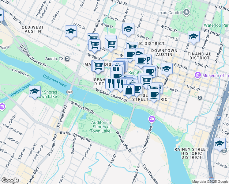 map of restaurants, bars, coffee shops, grocery stores, and more near 601 West 2nd Street in Austin