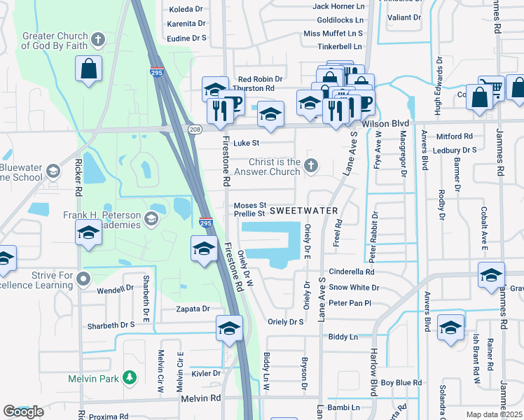 map of restaurants, bars, coffee shops, grocery stores, and more near 7135 Prellie Street in Jacksonville