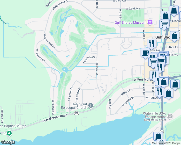 map of restaurants, bars, coffee shops, grocery stores, and more near 1517 Regency Road in Gulf Shores