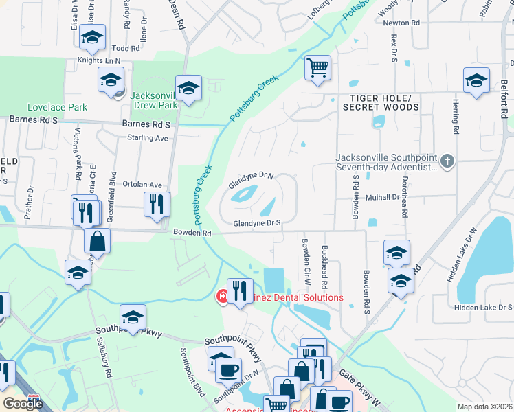 map of restaurants, bars, coffee shops, grocery stores, and more near 7154 Ridgeglen Court in Jacksonville