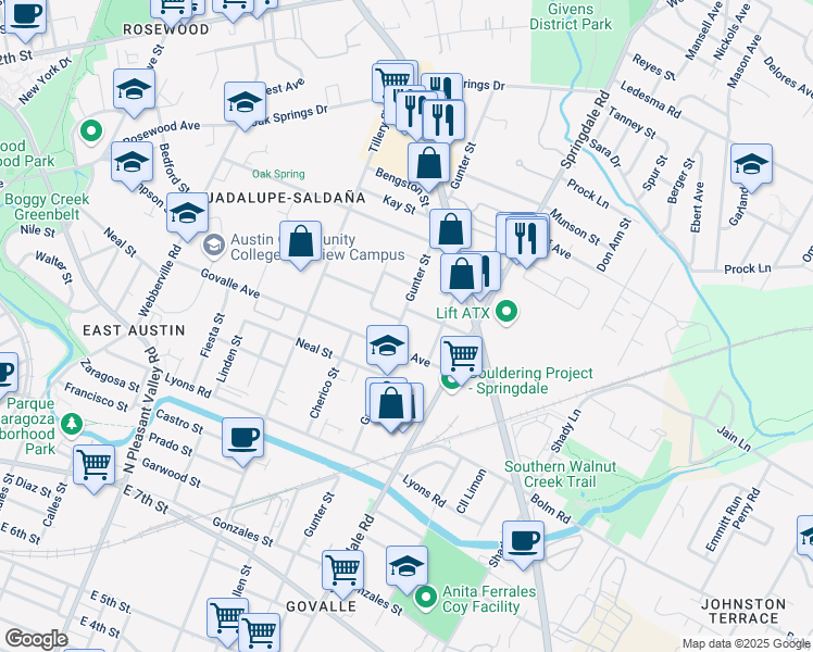 map of restaurants, bars, coffee shops, grocery stores, and more near 1117 1/4 Gunter Street in Austin