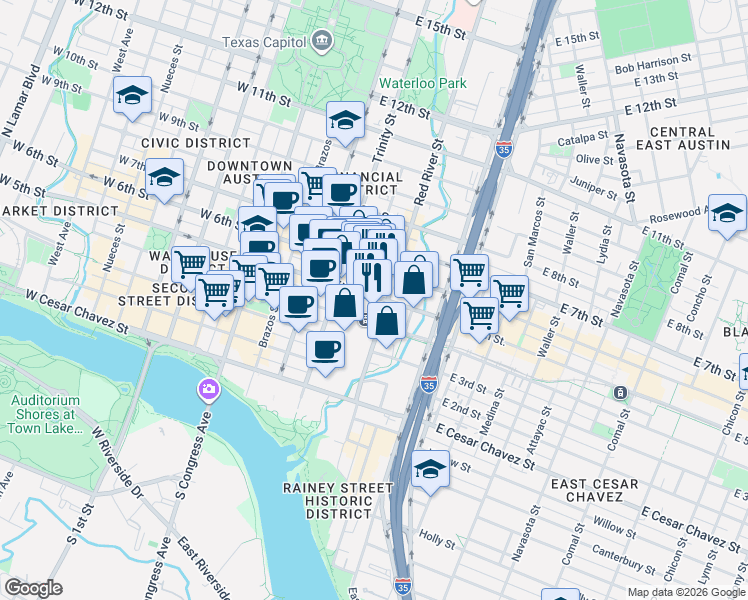 map of restaurants, bars, coffee shops, grocery stores, and more near in Austin