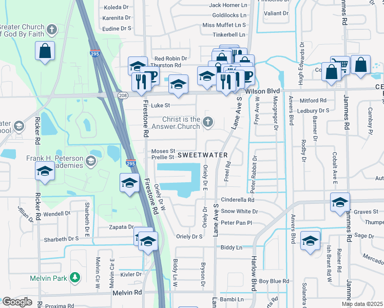map of restaurants, bars, coffee shops, grocery stores, and more near 7045 Prellie Street in Jacksonville