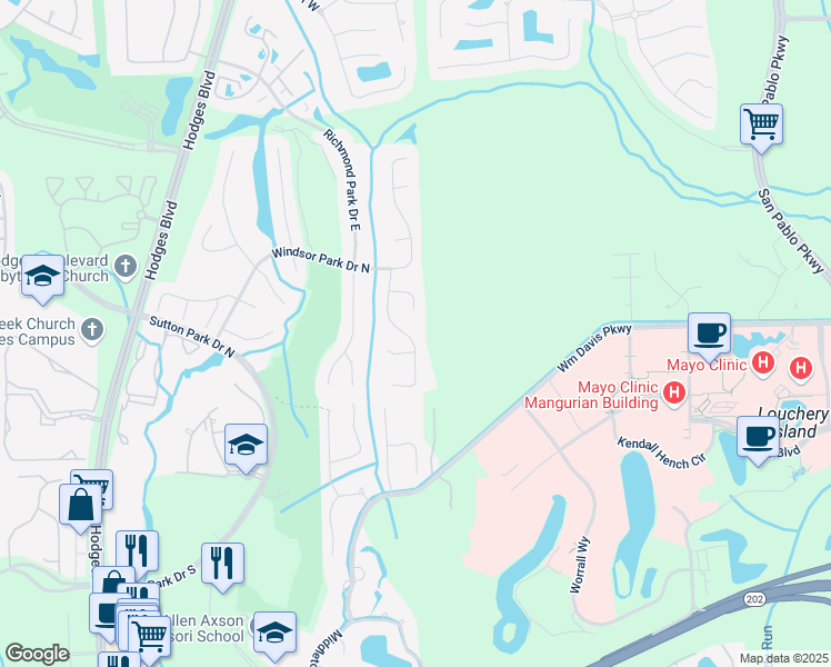 map of restaurants, bars, coffee shops, grocery stores, and more near 4411 Hanover Park Drive in Jacksonville
