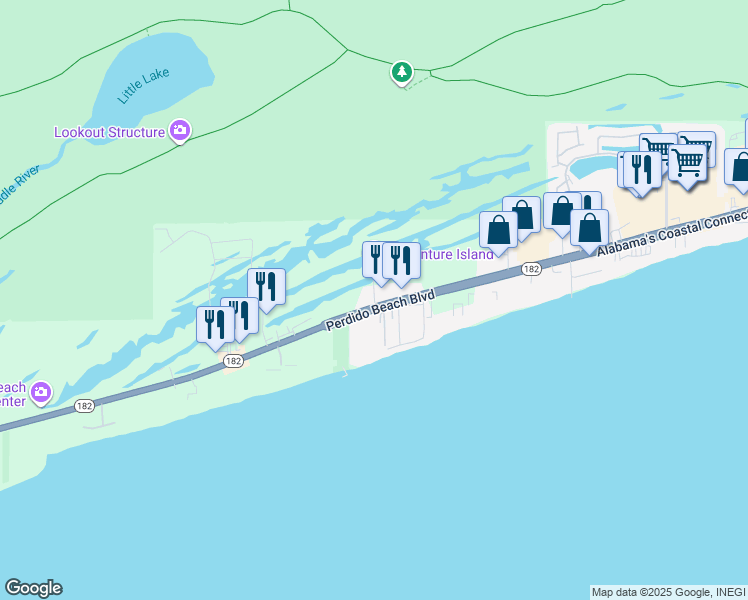 map of restaurants, bars, coffee shops, grocery stores, and more near Adventure Island Drive in Orange Beach