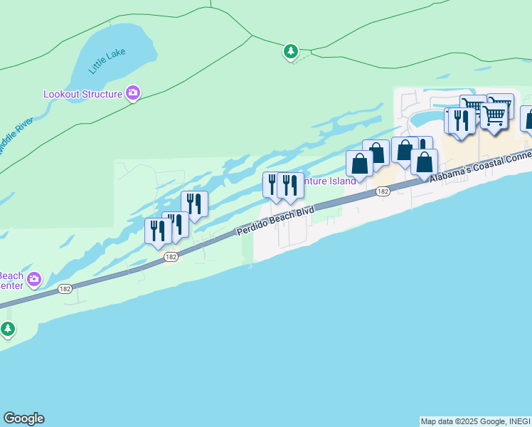 map of restaurants, bars, coffee shops, grocery stores, and more near 24522-24566 Alabama's Coastal Connection in Orange Beach
