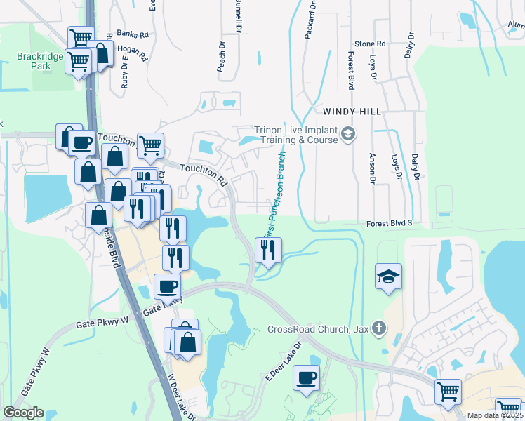 map of restaurants, bars, coffee shops, grocery stores, and more near 4435 Touchton Rd in Jacksonville