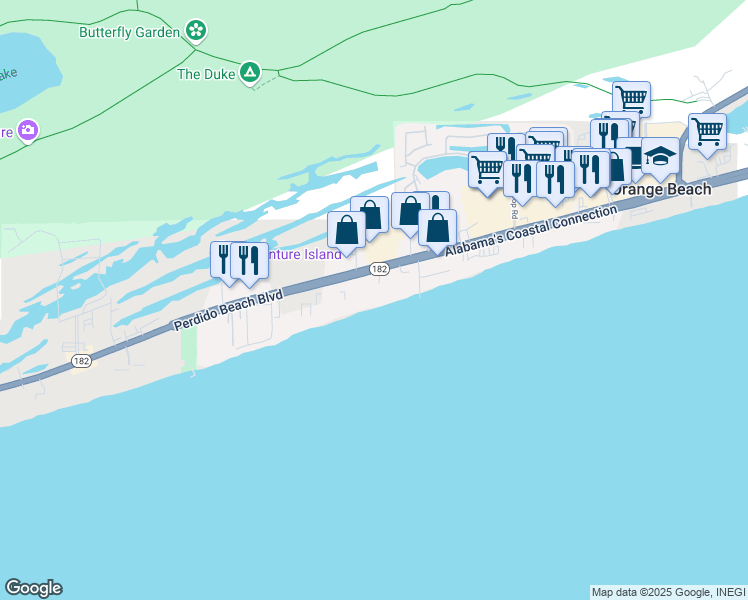 map of restaurants, bars, coffee shops, grocery stores, and more near 24988 Perdido Beach Boulevard in Orange Beach