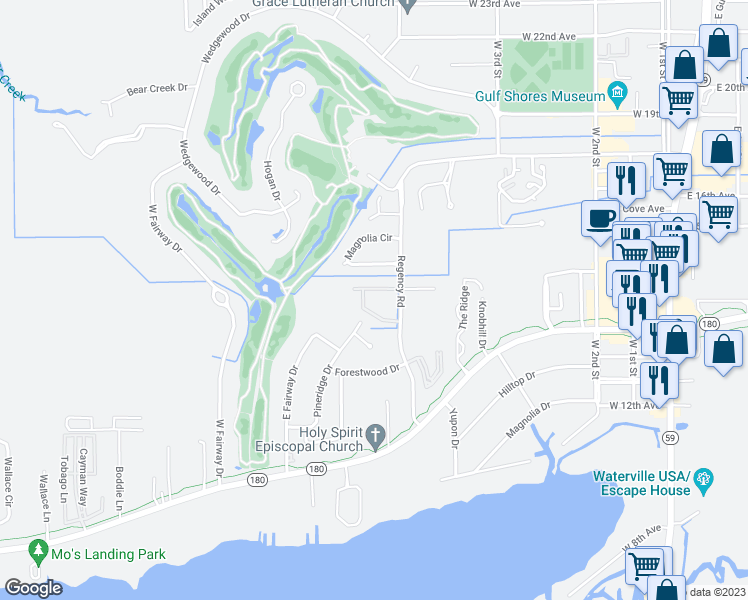 map of restaurants, bars, coffee shops, grocery stores, and more near 1517 Regency Road in Gulf Shores