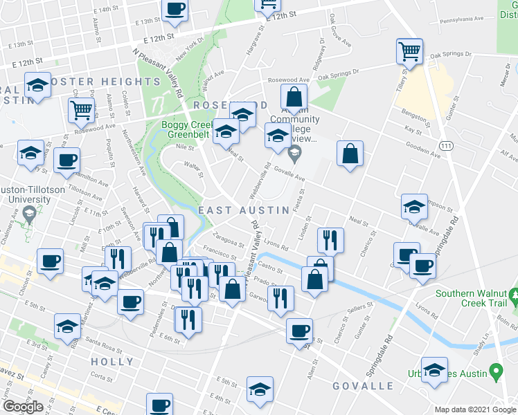 map of restaurants, bars, coffee shops, grocery stores, and more near 2706 Halcyon Drive in Austin