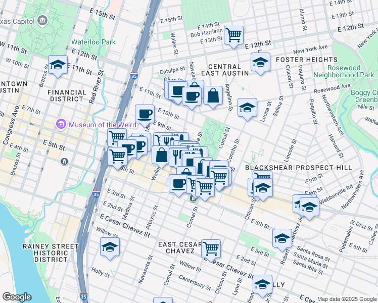 map of restaurants, bars, coffee shops, grocery stores, and more near 1207 East 8th Street in Austin