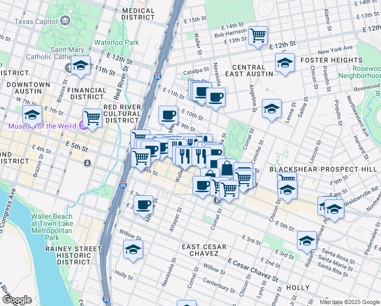 map of restaurants, bars, coffee shops, grocery stores, and more near 1208 East 7th Street in Austin