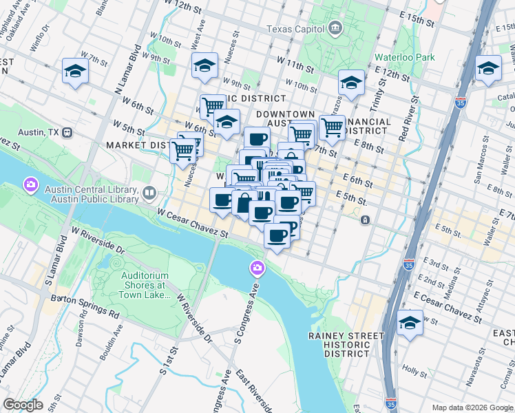 map of restaurants, bars, coffee shops, grocery stores, and more near in Austin