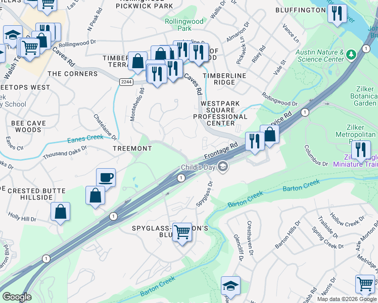 map of restaurants, bars, coffee shops, grocery stores, and more near 1000 Liberty Park Drive in Austin
